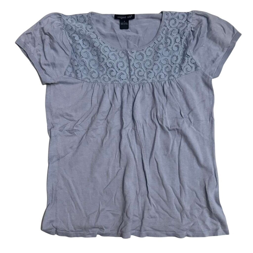 August Silk Womens Blue Crochet Lace Yoke Short Sleeve Knit Top Sweater Small